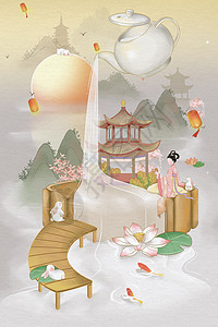 中国传统节日中秋节美女赏月国风创意插画图片