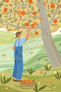 一个人在果树下摘果子立秋秋天扁平风手绘竖版插画图片