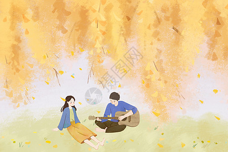 两个人在黄色银杏树下立秋秋天扁平风手绘横版插画图片