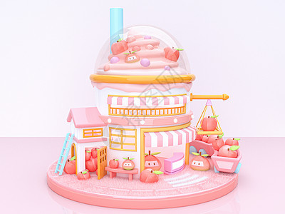 C4D夏日冷饮创意店铺粉色水蜜桃冰激凌卡通房屋图片