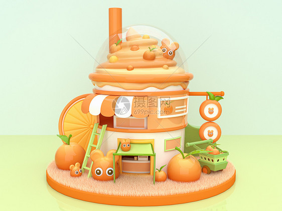 C4D夏天冷饮创意店铺橘子橙子冰激凌卡通房屋图片