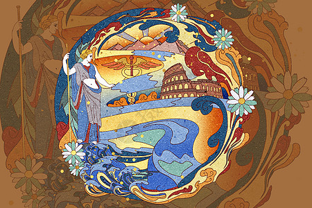 蓝色黄色国潮风丝绸之路系列古罗马神女望山海古罗马斗兽场插画图片