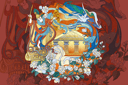 国潮风丝绸之路系列雅典神殿女神插画图片