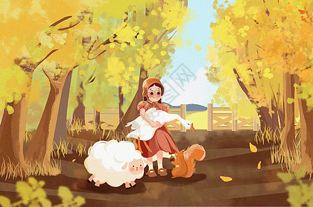 橙黄色立秋背景农场小动物们扁平节气插画图片