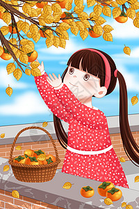 秋天摘柿子的女孩图片