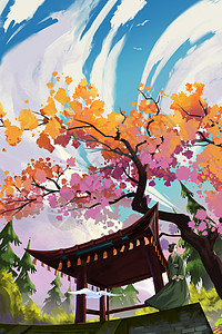 秋季野外场景竖版插画背景图片
