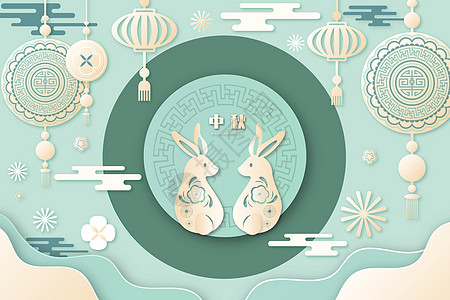 中秋节剪纸风格玉兔矢量插画背景图片