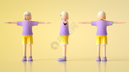 iphonex模型机短发女孩三视图3d人物模型插画