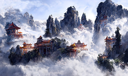 白色国风山水中国古建筑高山云雾环绕插画图片