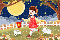 中秋节夜晚草地上的小女孩和小白兔图片