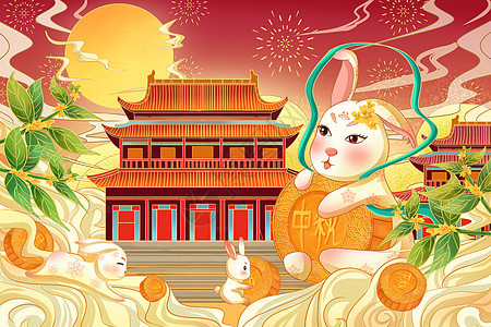 中秋节玉兔抱月饼欣赏明月图片