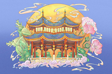 寺庙标志成都国潮风城市标志建筑插画