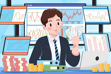 钱 卷金融插画经理人在线推荐股票证券提供线上金融服务插画
