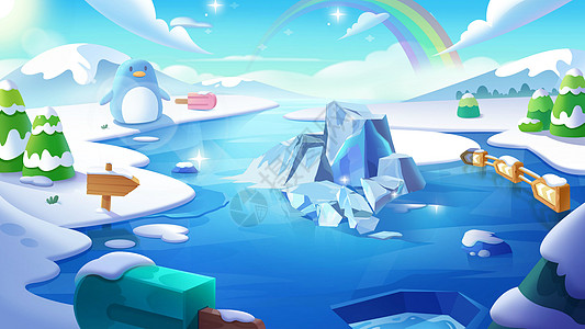 室外网管卡通风格渐变教育类室外魔幻冰雪王国场景插画