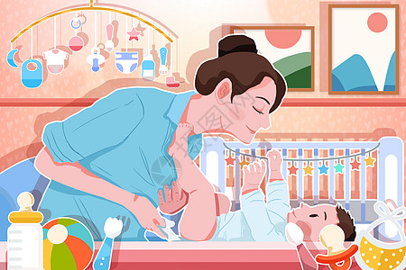 婴儿玩具母亲在婴儿房给孩子更换尿布插画