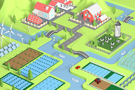 乡村建设C4D有机农业农场场景插画