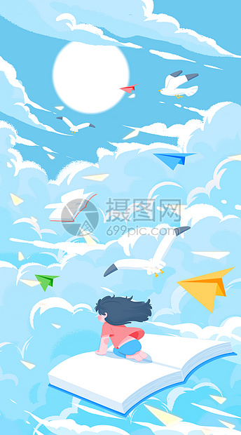 开学啦小女孩坐着书飞翔在天空开屏插画图片