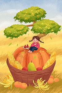 小女孩桂花树下吃西瓜立秋秋天扁平风手绘竖版插画图片