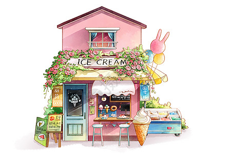 漂浮元素水彩粉色冰淇淋店兔子气球爬满玫瑰花手账元素插画