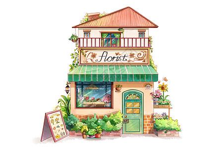 水彩花店两层独栋小房子手账元素背景图片