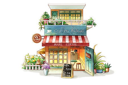 宝马png水彩两层独栋红色遮阳棚咖啡店手账元素插画