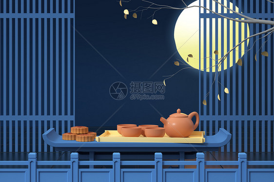 中秋节吃月饼场景图片