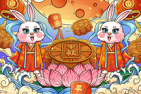 八月十五中秋节玉兔月饼插画背景图片