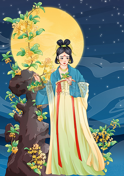 中秋节采摘桂花的少女插画图片