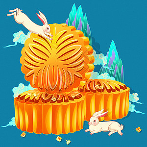 传统节日中秋月饼玉兔桂花山云纹国朝手绘插画图片