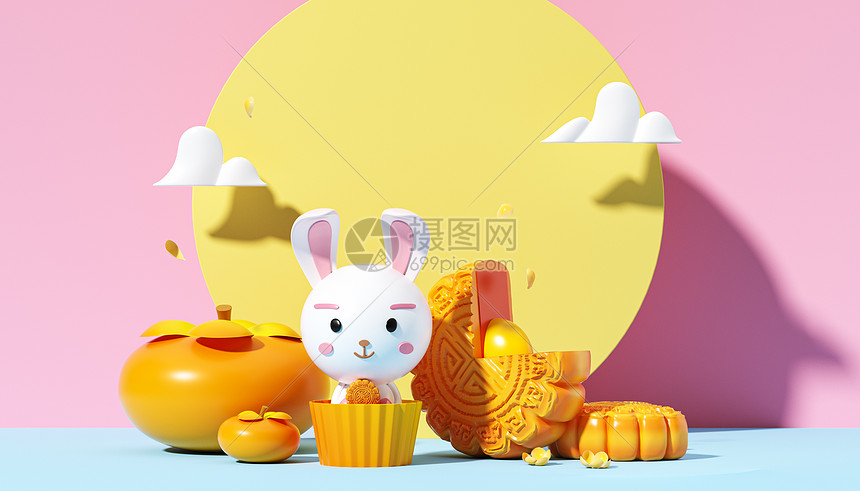 中秋节兔子三维插画图片
