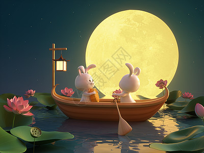 小兔子创意中秋划船赏月设计图片