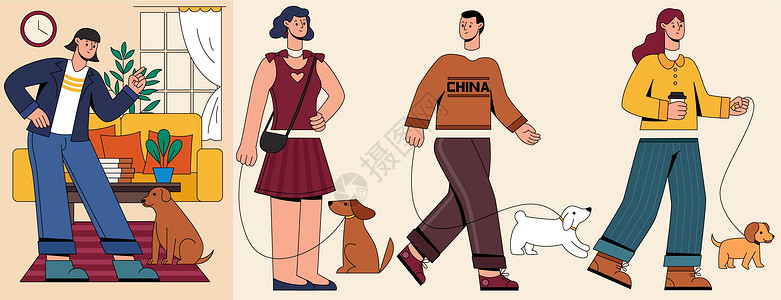 SVG插画组件之遛狗扁平人物动态背景图片