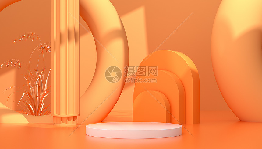 C4D橘色光影几何展台图片