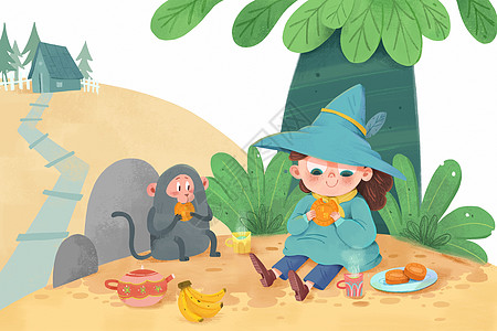 中秋女孩和小猴一起尝月饼绘本故事插画