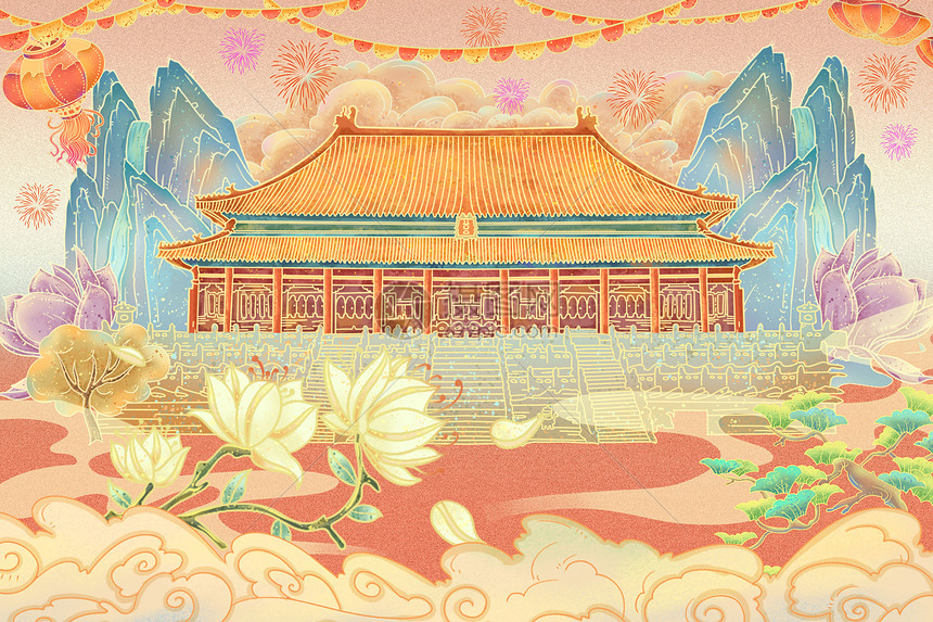 唯美风国庆佳节国潮北京故宫风景插画图片