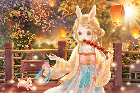 2023年兔年兔子拟人吃冰糖葫芦的古代少女春节新年插画图片