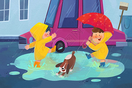 美妈白露的下雨天一起踩水绘本故事插画