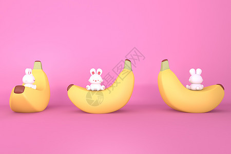C4D坐在香蕉上的兔子IP模型图片