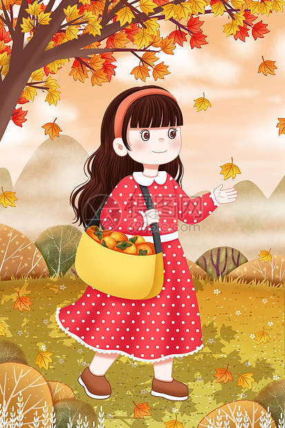 秋天枫树下的小女孩图片