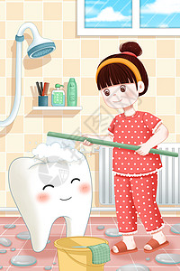 全国爱牙日在浴室里清洁牙齿的女孩图片