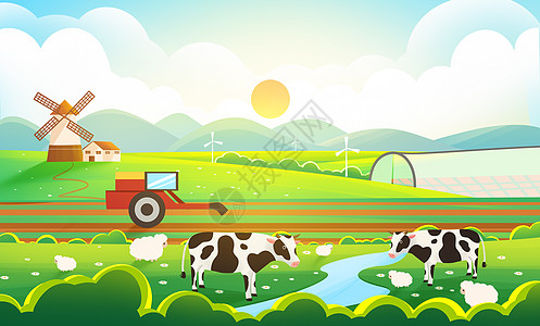 机械农场新农村和谐宁静的乡村生活插画背景插画