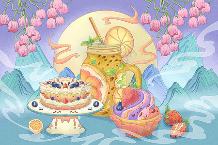 蛋糕创意国潮秋天第一杯奶茶蛋糕点心水果柠檬茶风景插画插画