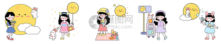 清新色系中秋节系列可爱卡通小女孩与兔子线条色块元素图片