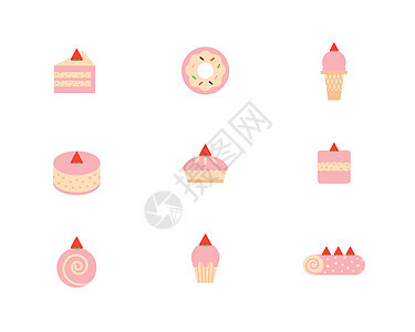 粉色扁平风草莓蛋糕甜甜圈冰激凌毛巾卷食物元素图片