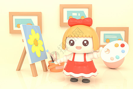 C4D女婴小女孩画家绘画油画场景3d元素图片