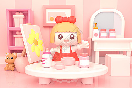 C4D女婴小女孩室内装扮粉色儿童房3d元素图片