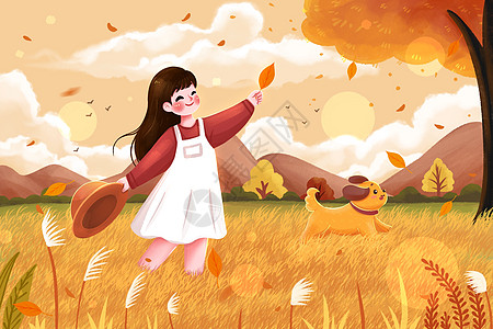 在草地上手接落叶的女孩插画高清图片