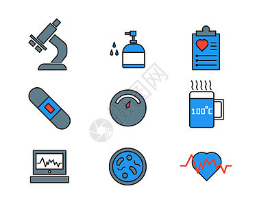 蓝色灰色显微镜洗手液医疗记录创口贴体重计开水心电仪显微镜片心电医疗主题医疗矢量元素套图图片
