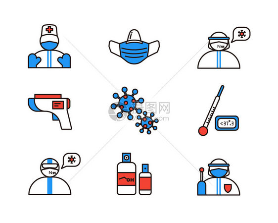 蓝色医生防护服口罩体温枪温度计消毒酒精病毒医疗主题医疗矢量元素套图图片