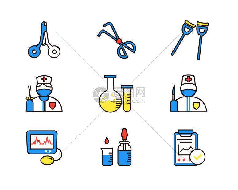 蓝色医生手术刀药水医疗记录手术剪刀拐杖心电仪医疗主题医疗矢量元素套图图片